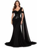 Noir Élégance Draped Sequin Gown