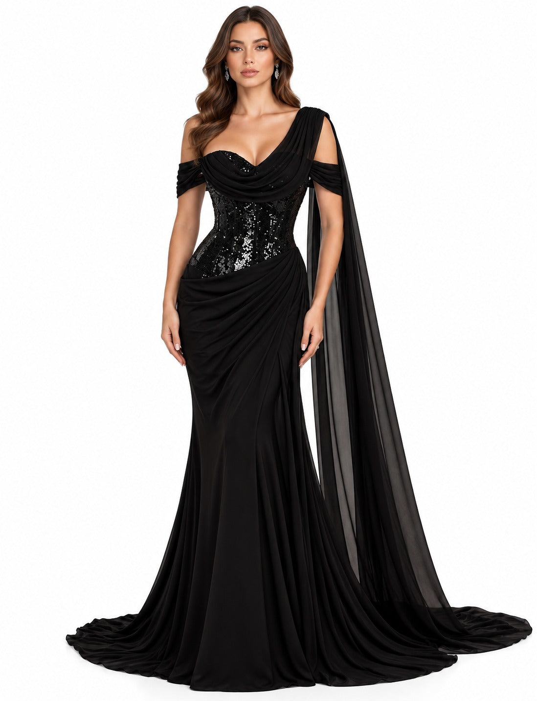 Noir Élégance Draped Sequin Gown