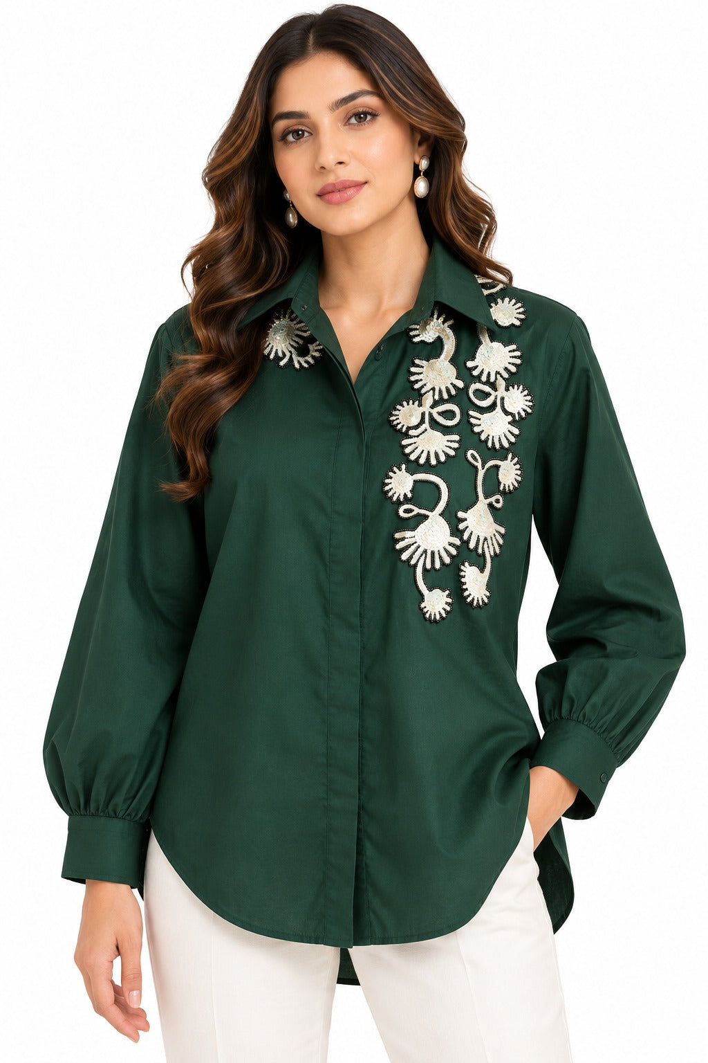 Emerald Bloom Embroidered Shirt