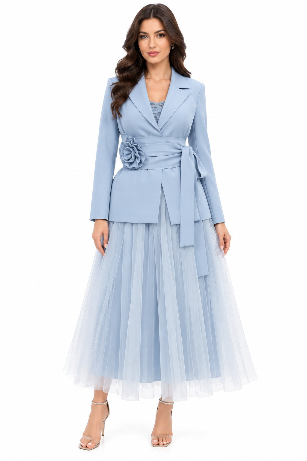 Azure Bloom Draped Blazer Gown