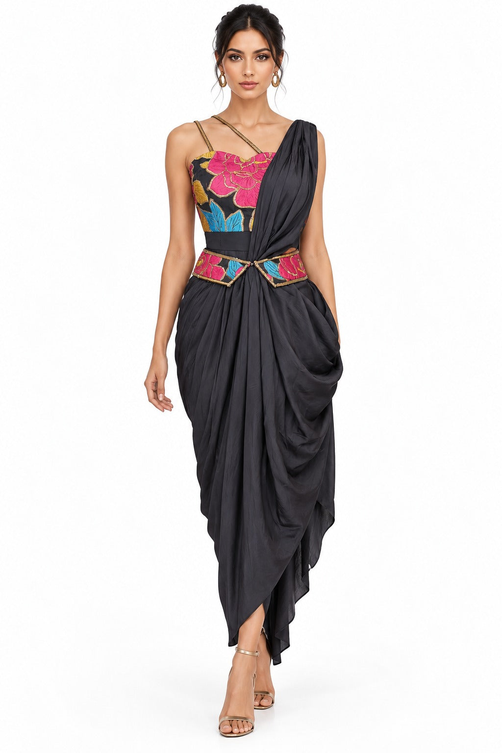 Midnight Bloom Draped Couture Set