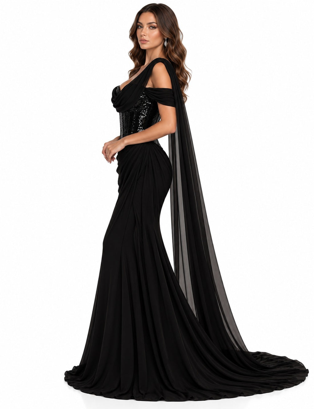 Noir Élégance Draped Sequin Gown