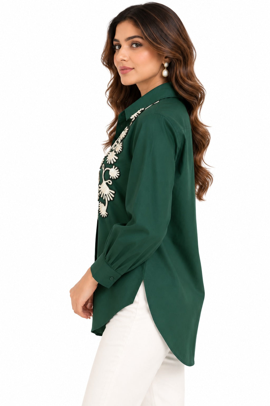 Emerald Bloom Embroidered Shirt