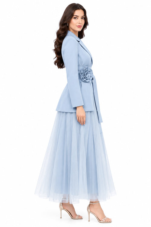Azure Bloom Draped Blazer Gown