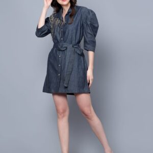 Denim Power Shoulder Dress with Hand Embellishments