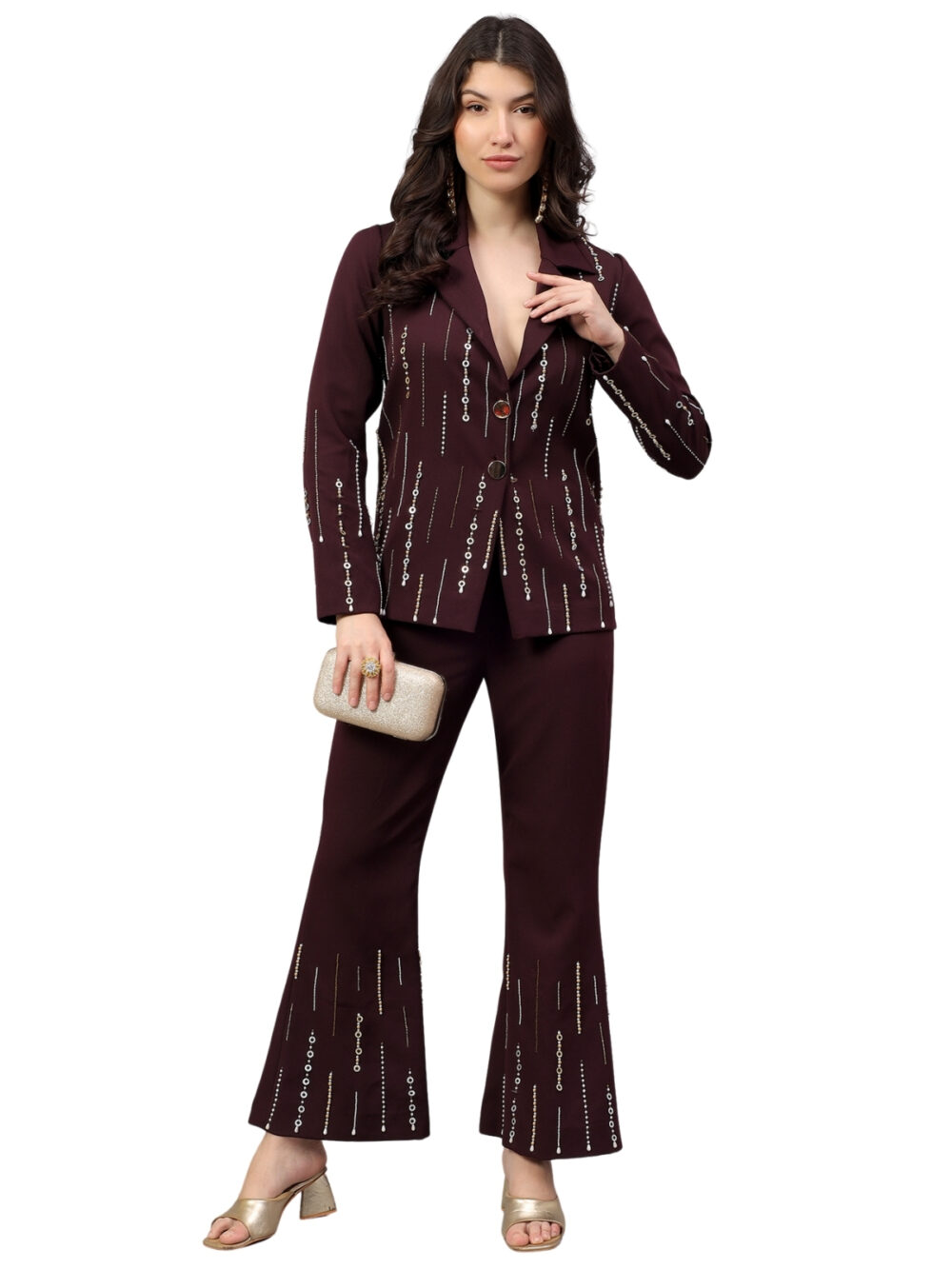 Wine Blazer Set with Gold Embellishments
