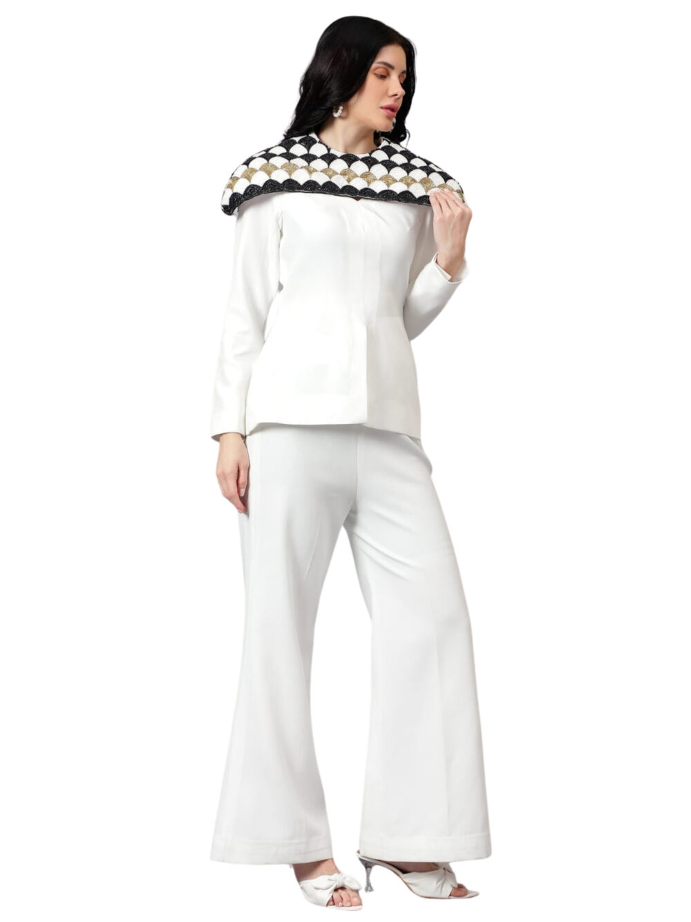 White co-ord Set with Hand Embroidered Heavy Work Shoulder Cape - Image 8