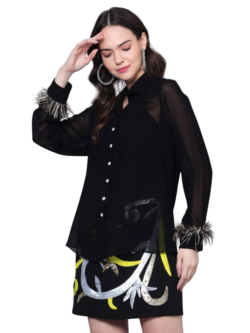 Black Shirt with Feathers & Hand Embroidered Skirt - Image 6