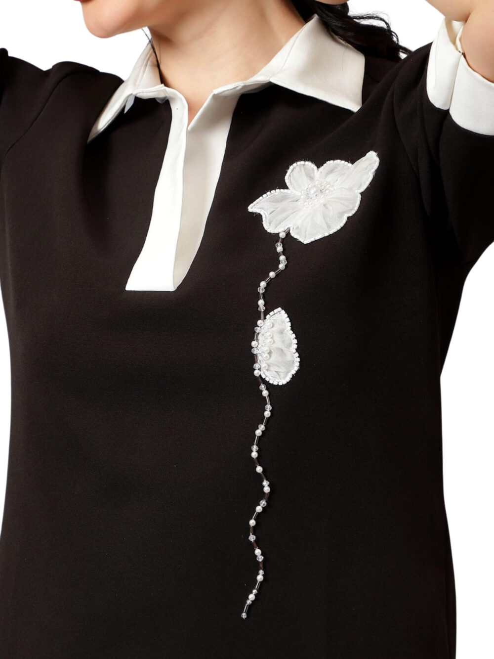 White & Black Polo Dress with Hand Embroidered Flower Motif - Image 5