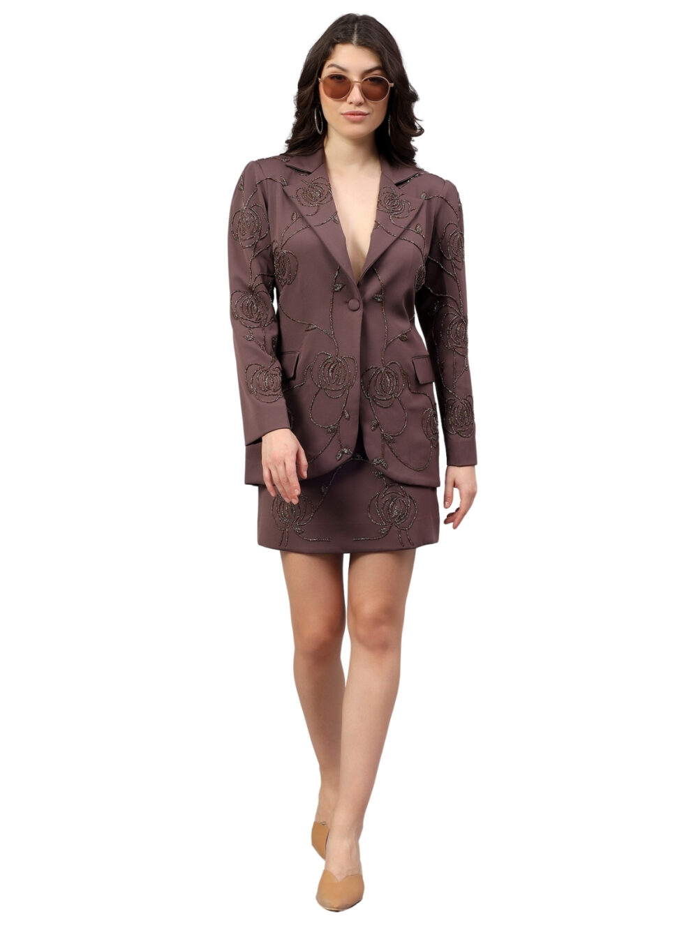 Mocha Brown 3D Embroidery Blazer with Skirt