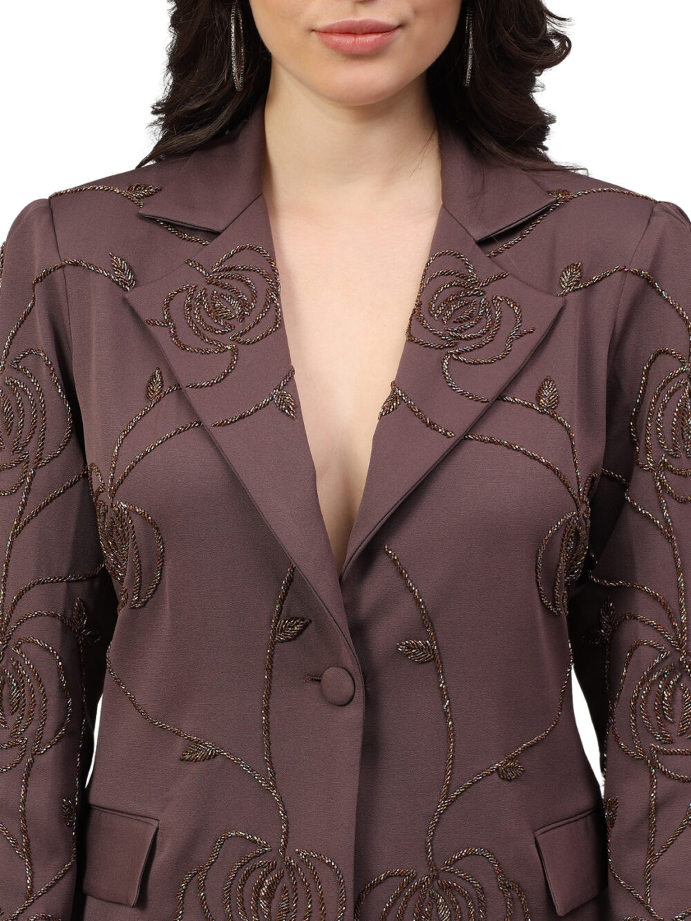 Mocha Brown 3D Embroidery Blazer with Skirt - Image 5