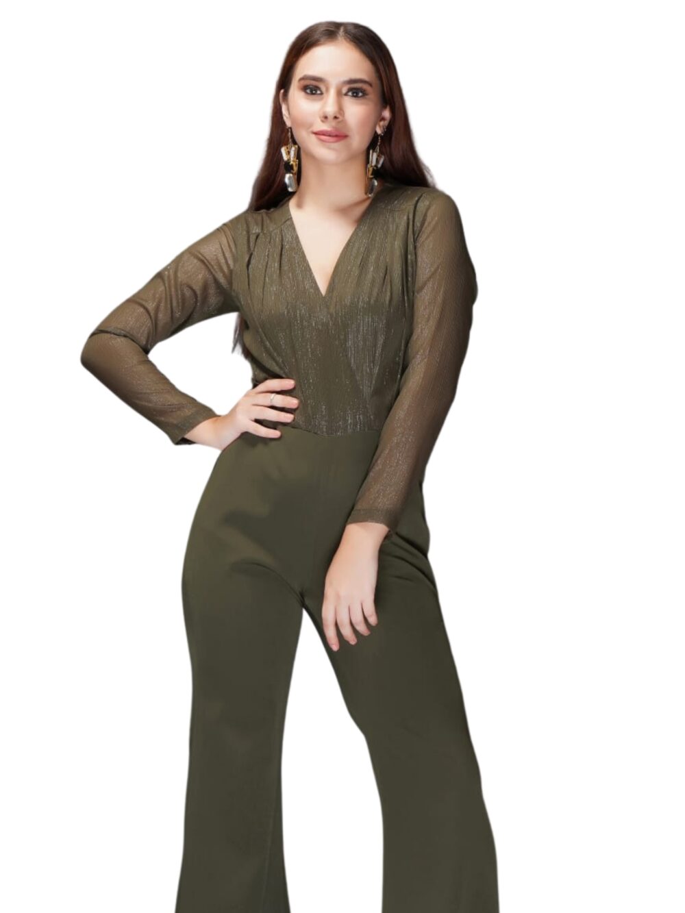Olive Jumpsuit with Shimmer Yoke Line