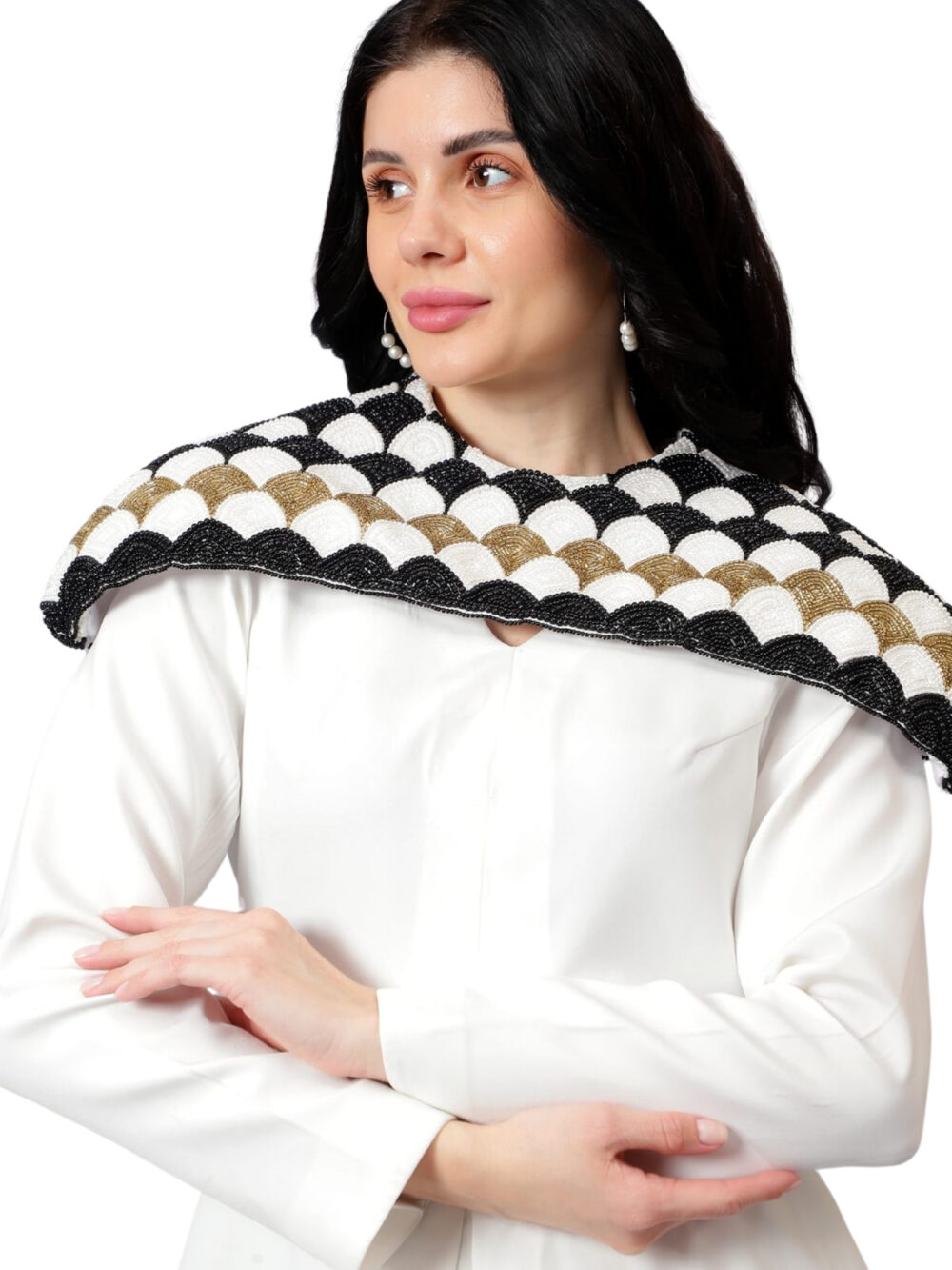 White co-ord Set with Hand Embroidered Heavy Work Shoulder Cape - Image 7