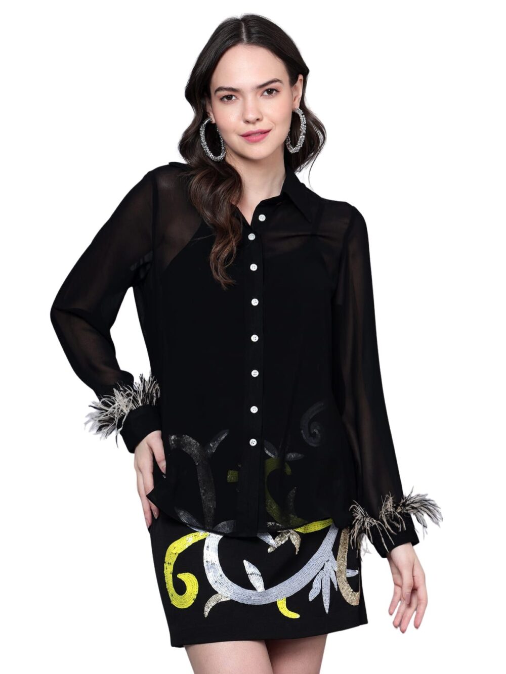 Black Shirt with Feathers & Hand Embroidered Skirt - Image 5