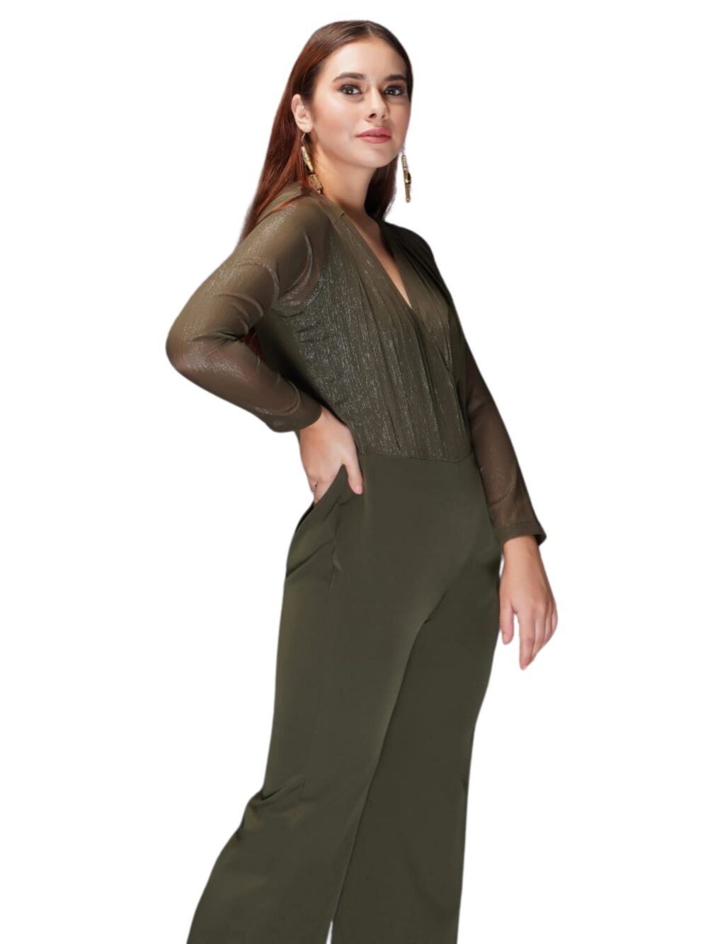 Olive Jumpsuit with Shimmer Yoke Line - Image 5