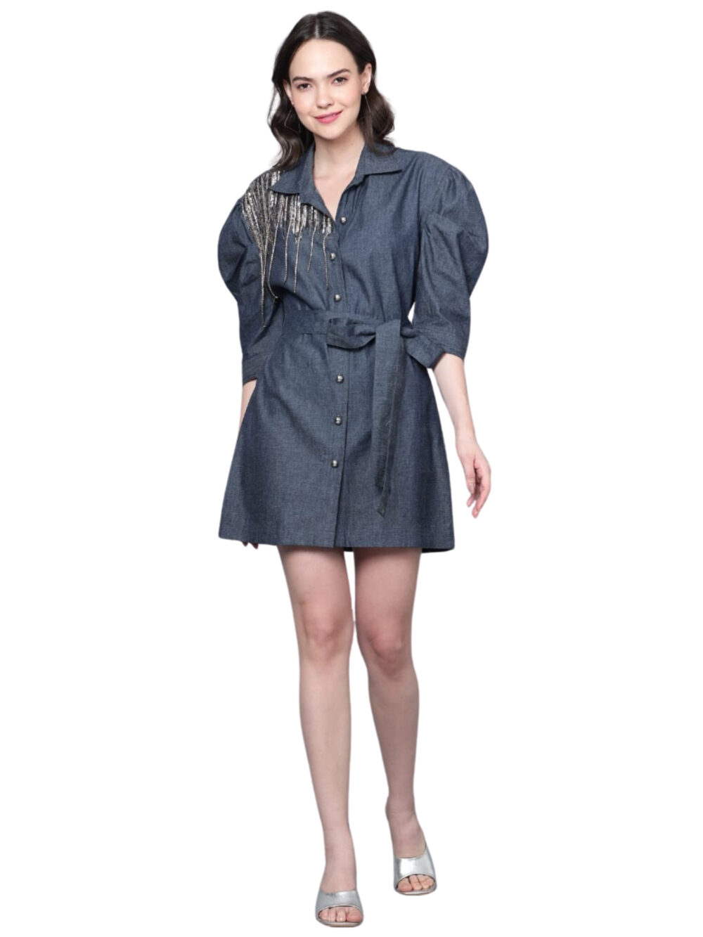Denim Polo Dress with Hand Embroidery Detailings On Shoulder & Snot Style On Waist - Image 6
