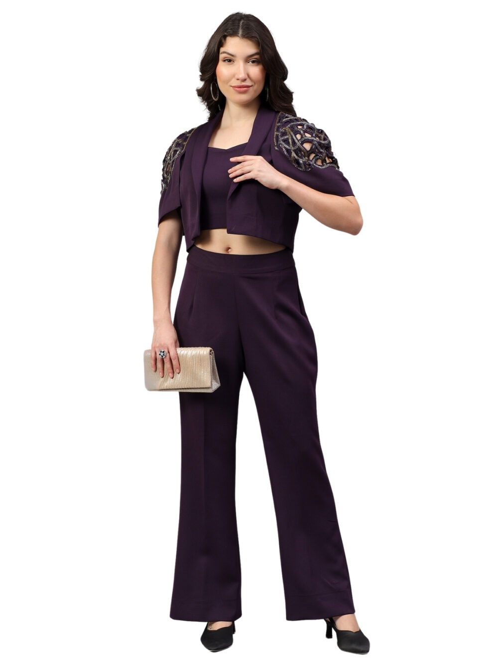 Wine Blazer Set with Sleeves Detailings