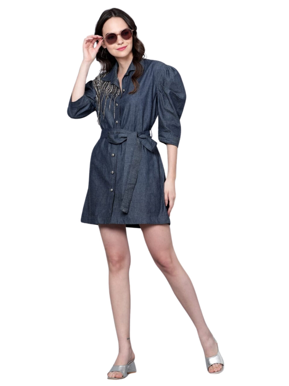 Denim Polo Dress with Hand Embroidery Detailings On Shoulder & Snot Style On Waist - Image 5