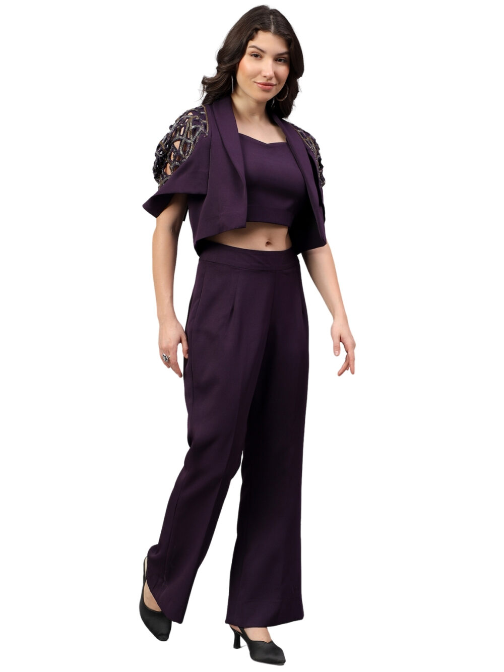 Wine Blazer Set with Sleeves Detailings - Image 3