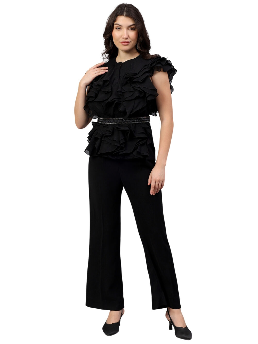Organza Ruffled Top with Bell Bottom Pants