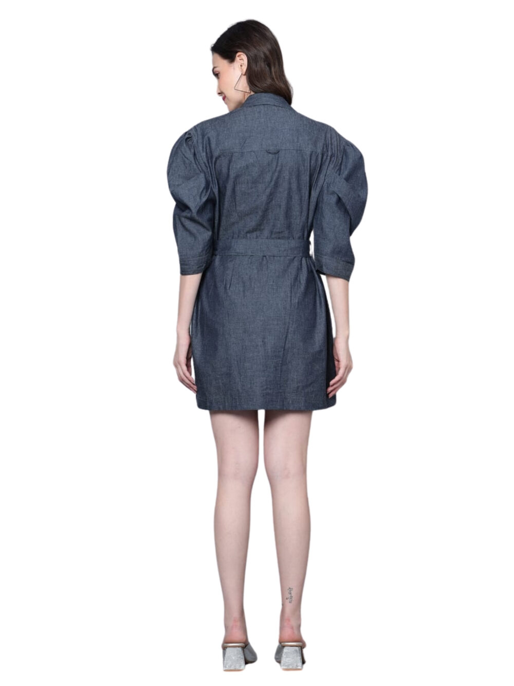 Denim Polo Dress with Hand Embroidery Detailings On Shoulder & Snot Style On Waist - Image 3