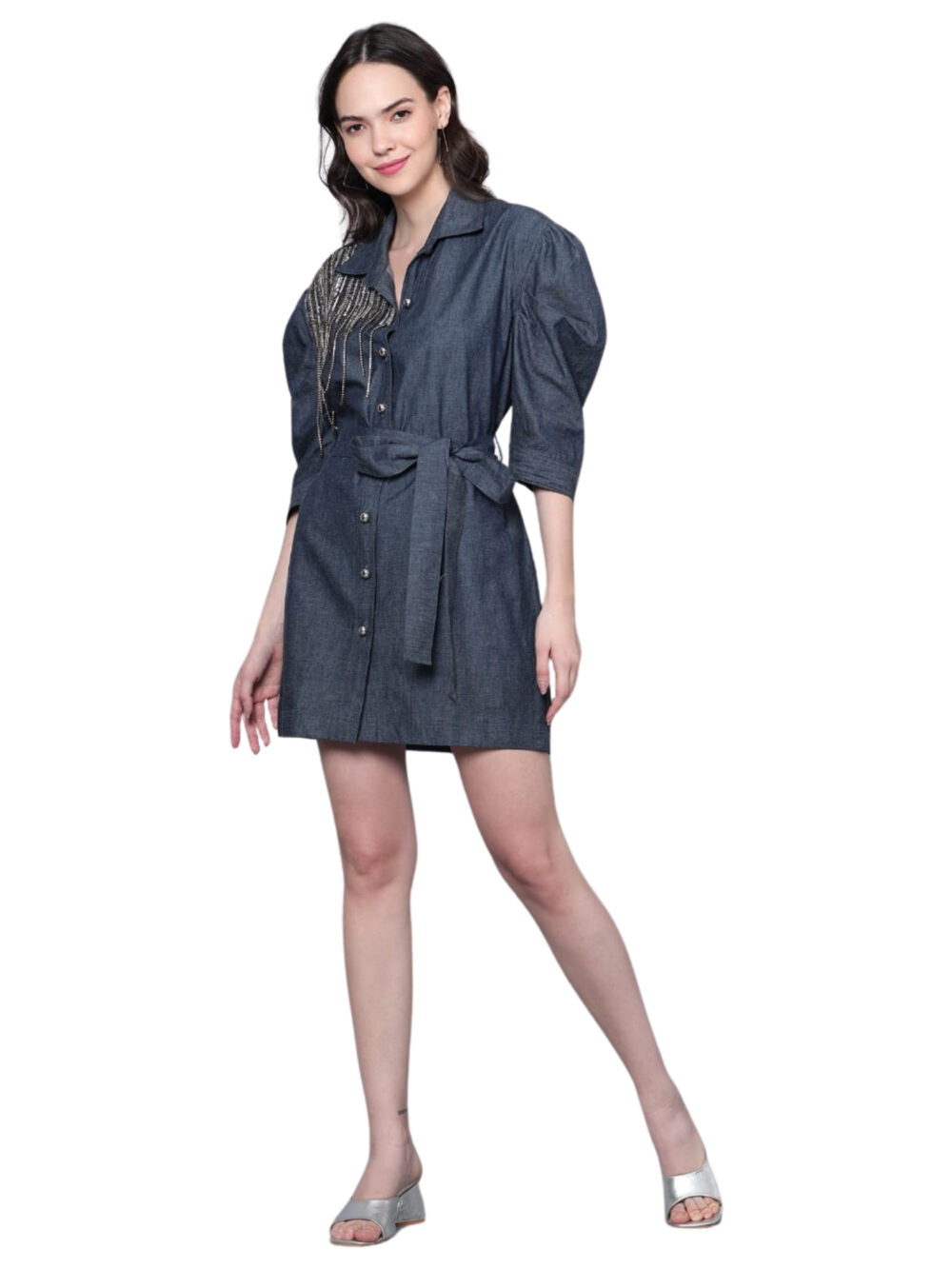 Denim Polo Dress with Hand Embroidery Detailings On Shoulder & Snot Style On Waist - Image 2