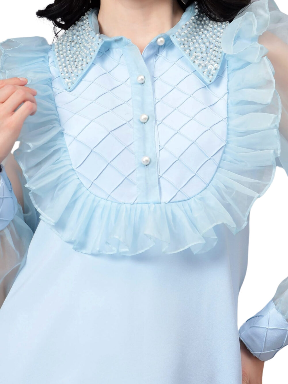 Powder Blue Ruffled Style Dress with Organza Sleeves & Pearl Detailing on Collar - Image 7