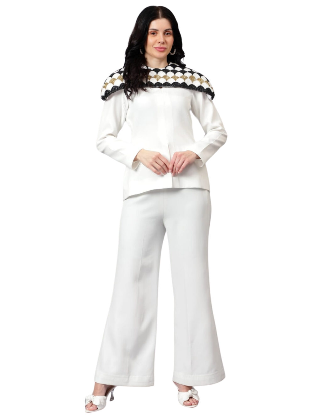 White co-ord Set with Hand Embroidered Heavy Work Shoulder Cape - Image 6