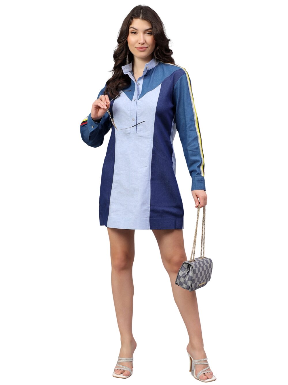 Denim Block Dress with Sequins Detailings