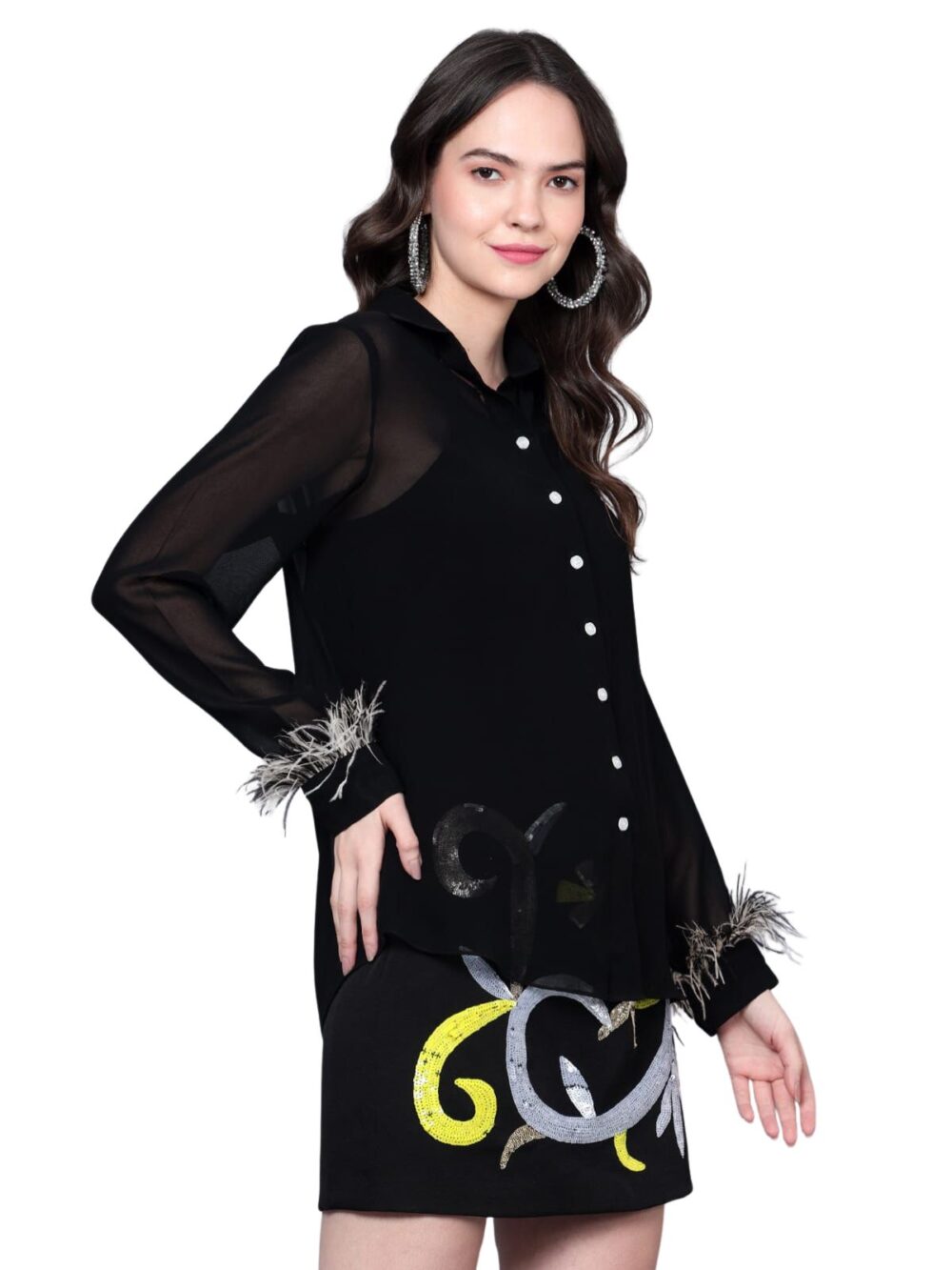 Black Shirt with Feathers & Hand Embroidered Skirt - Image 4
