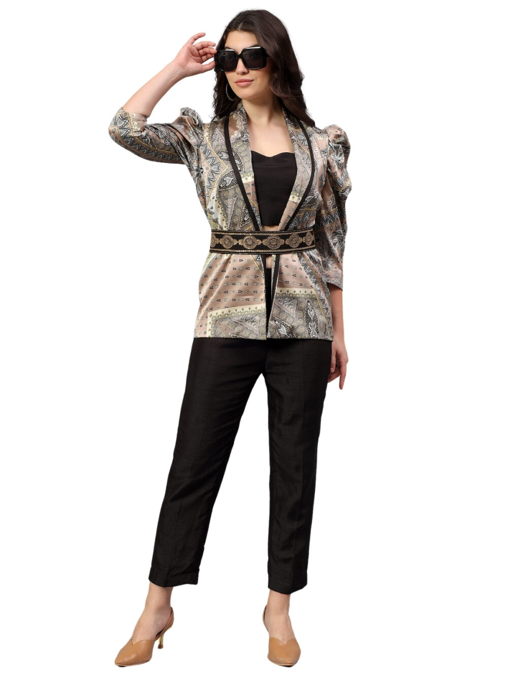 Satin Print Blazer with Embellished Belt and Straight Pants Coord Set - Image 2