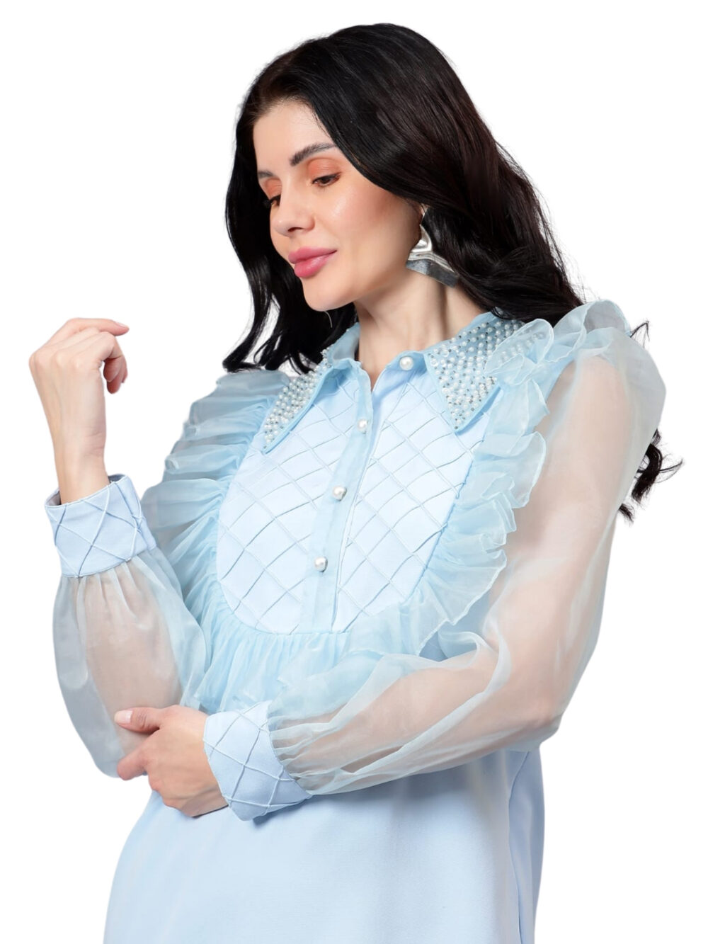 Powder Blue Ruffled Style Dress with Organza Sleeves & Pearl Detailing on Collar - Image 3
