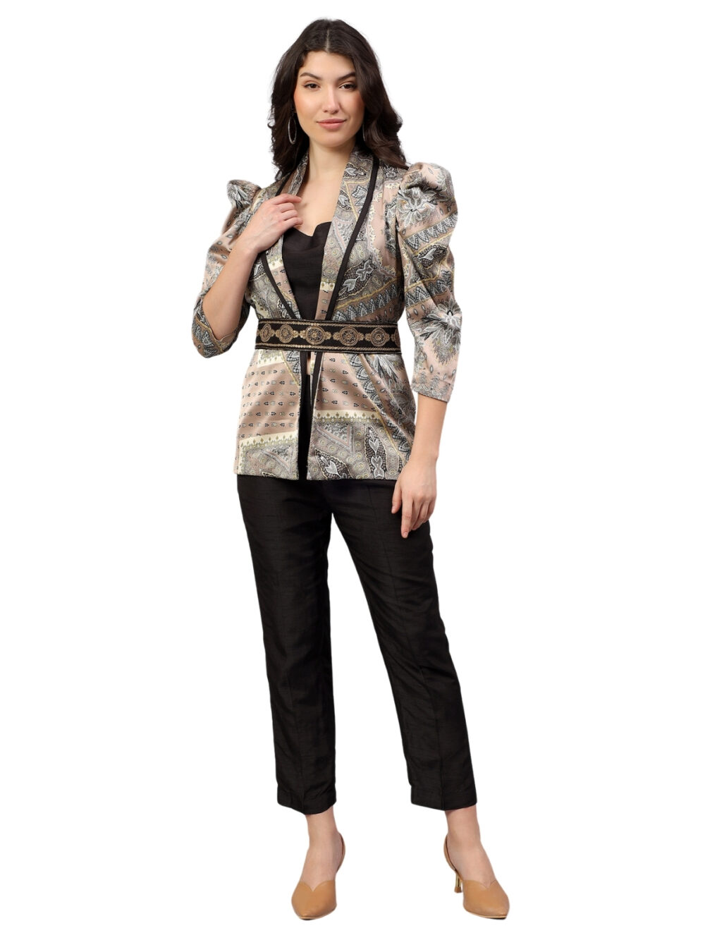 Satin Print Blazer with Embellished Belt and Straight Pants Coord Set