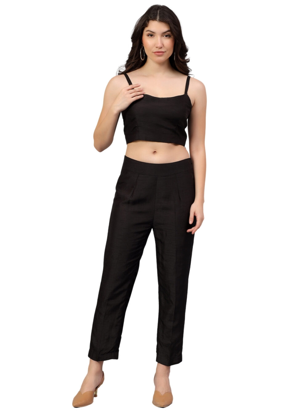 Satin Print Blazer with Embellished Belt and Straight Pants Coord Set - Image 4