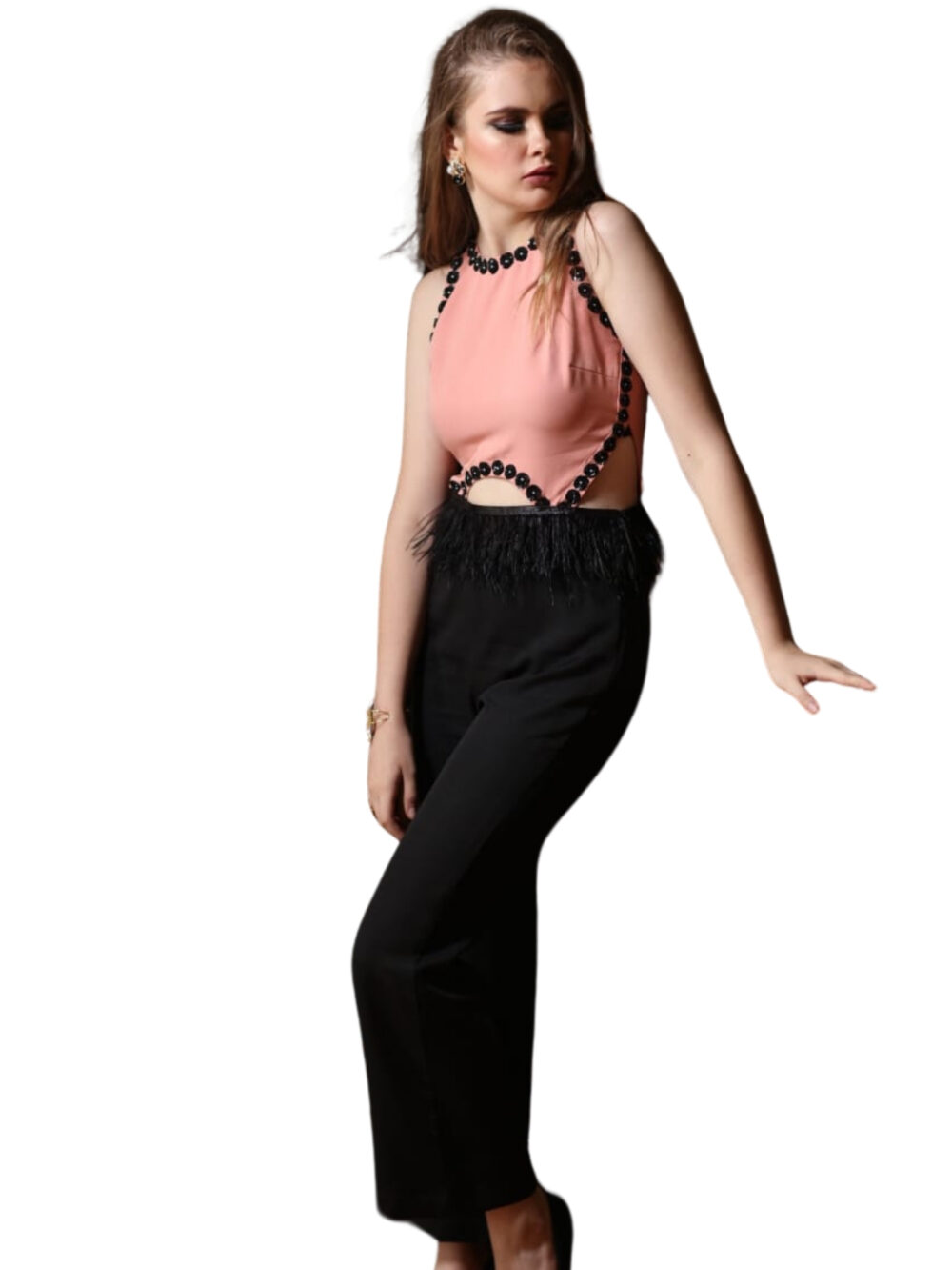 Peach & Black Jumpsuit with Feathers & Hand Embroidery Detailing - Image 2