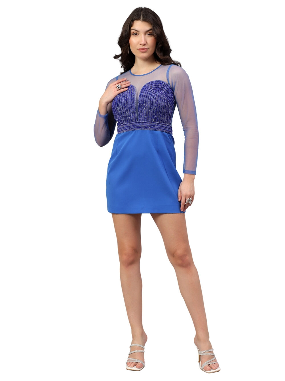 Electric Blue Mesh Dress with Embellishments