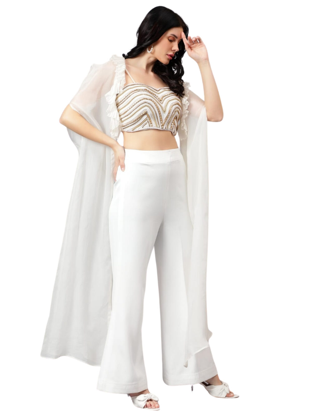 White Cape Set with Heavy Hand Embroidered Bustier & Plain Imported Fabric Pants - Image 3