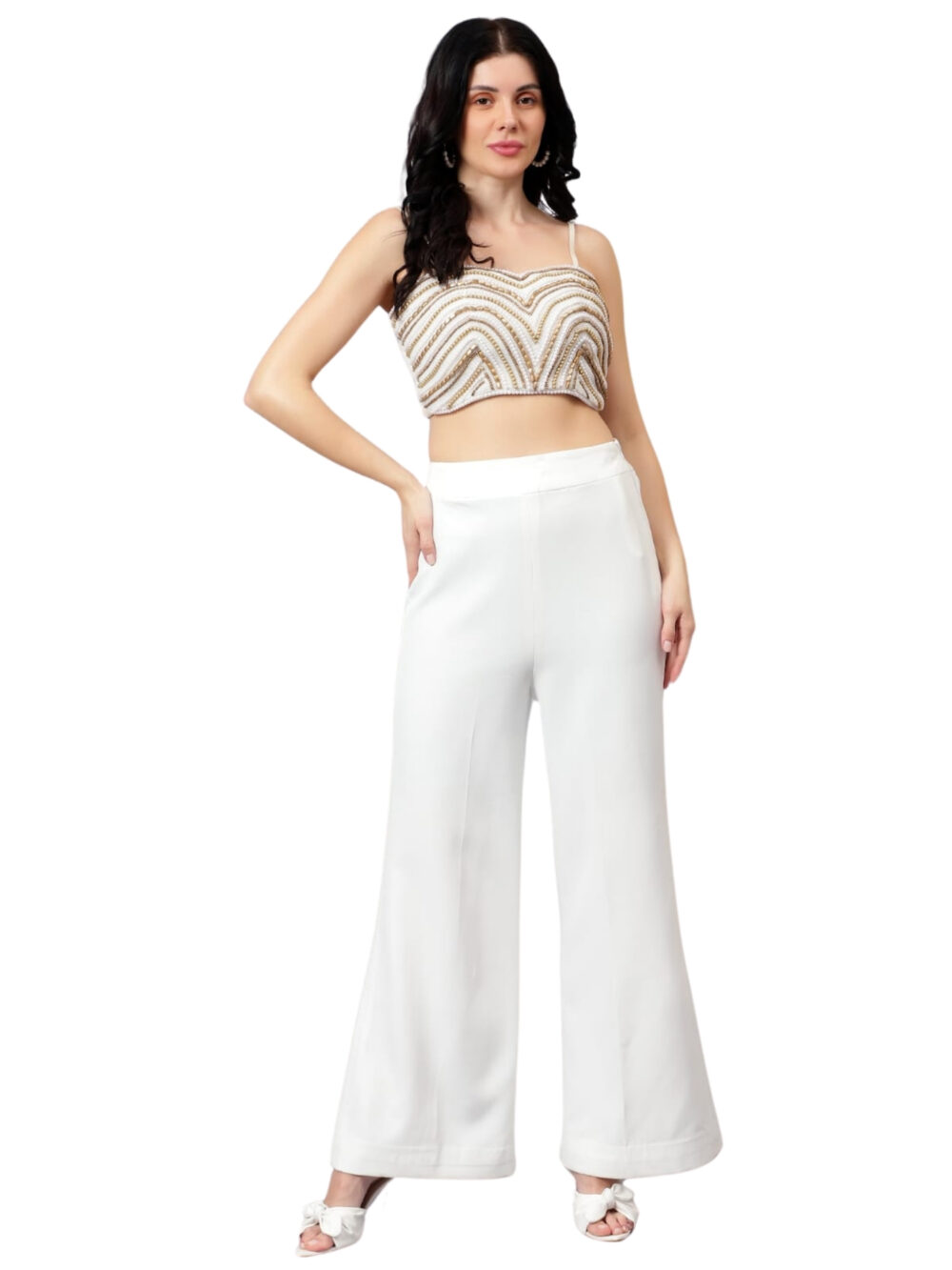 White Cape Set with Heavy Hand Embroidered Bustier & Plain Imported Fabric Pants - Image 7