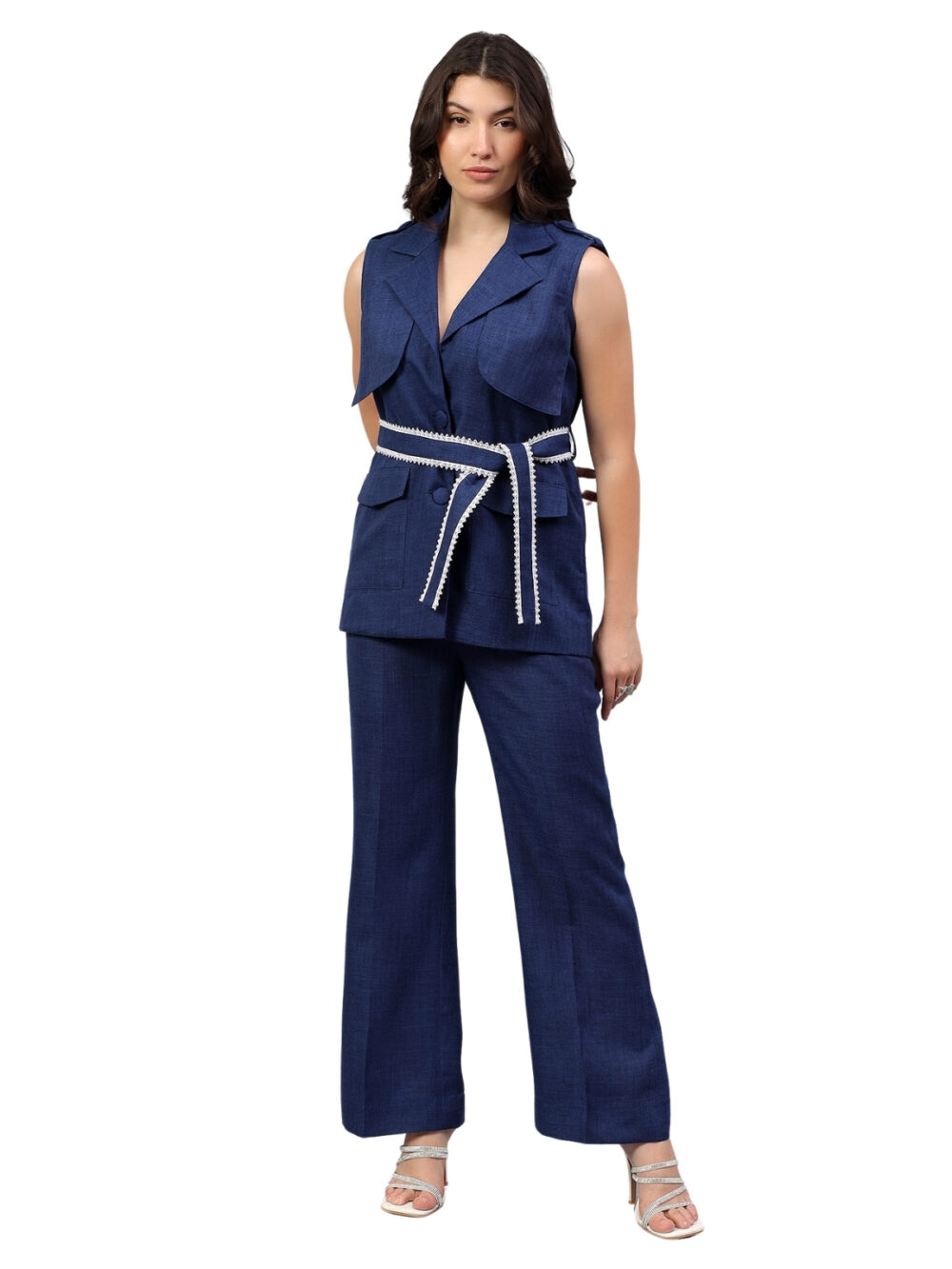 Blue Linen Set with Pearl Embellished Belt - Image 4