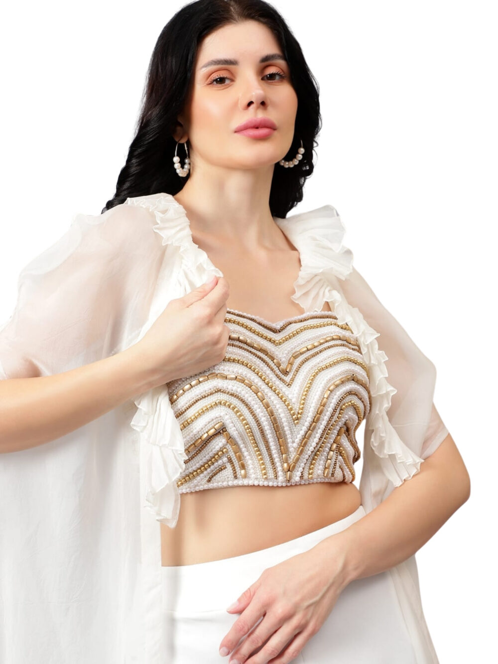 White Cape Set with Heavy Hand Embroidered Bustier & Plain Imported Fabric Pants - Image 5