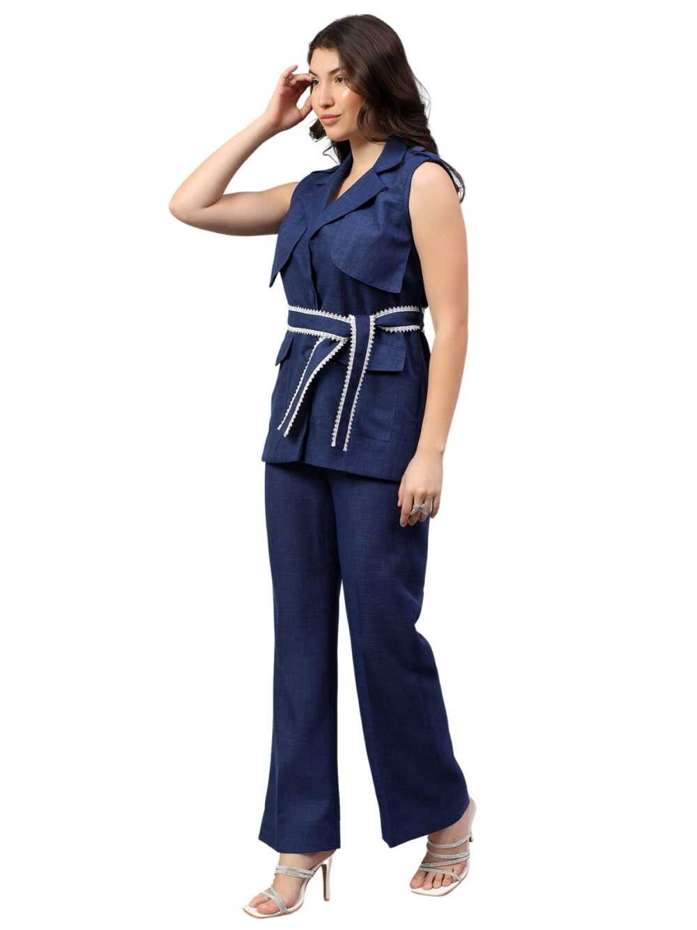 Blue Linen Set with Pearl Embellished Belt