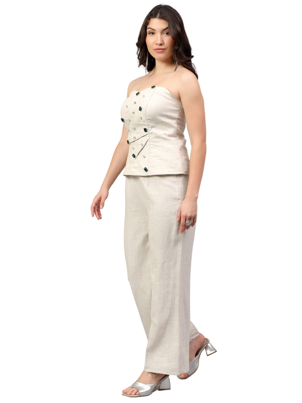 Pure Linen Set with Emerald & Rhinestone Detailings - Image 6