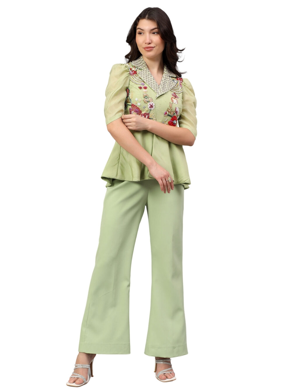 Mint Green Organza Top with Detailing and Flared Pants - Image 6