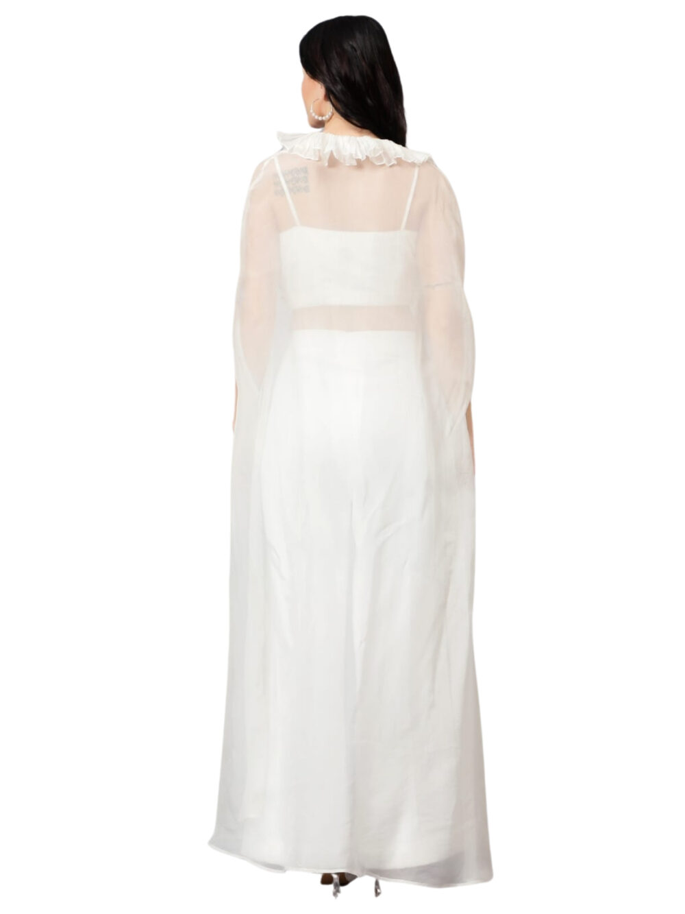 White Cape Set with Heavy Hand Embroidered Bustier & Plain Imported Fabric Pants - Image 6