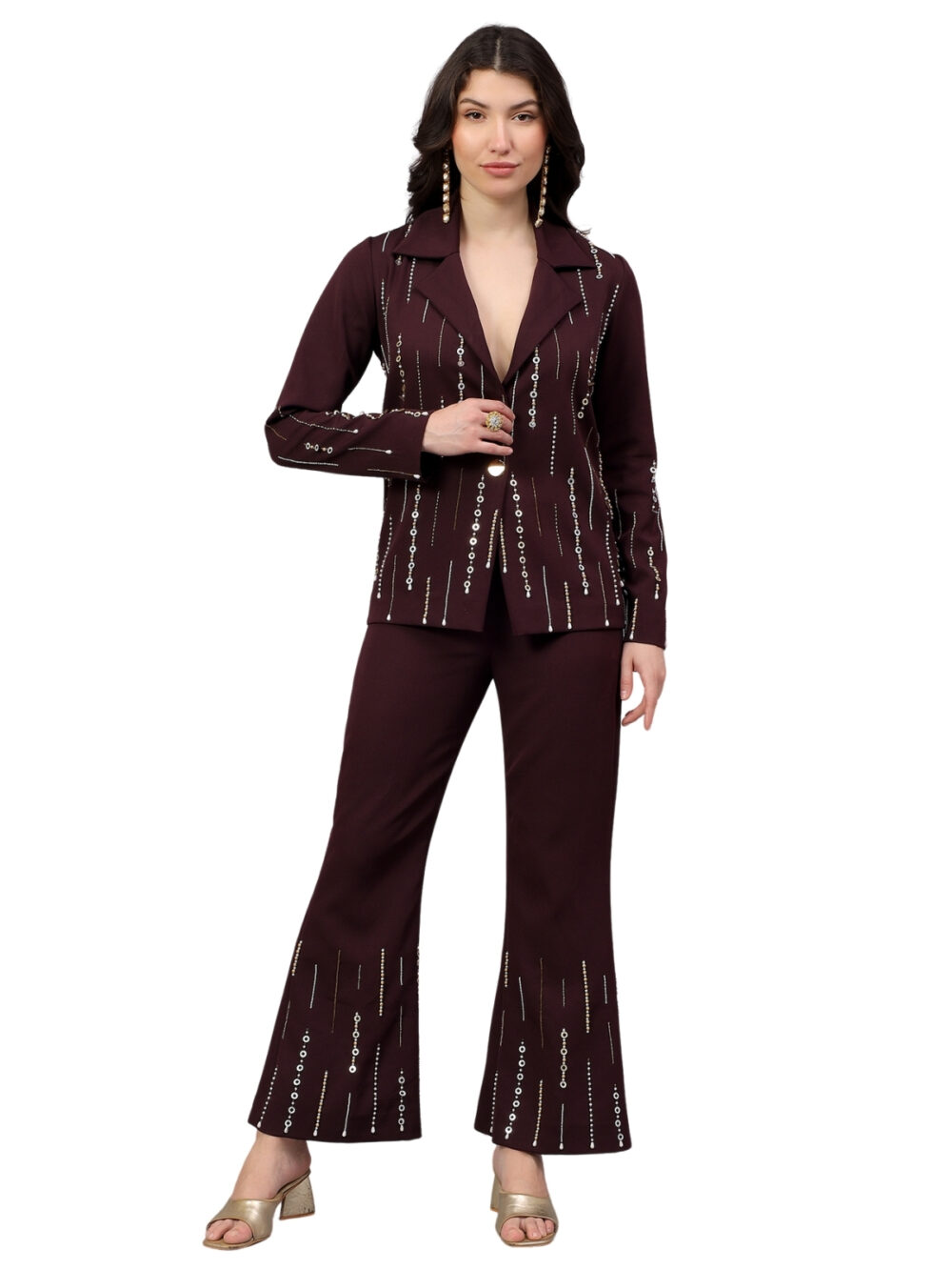 Wine Blazer Set with Gold Embellishments - Image 6