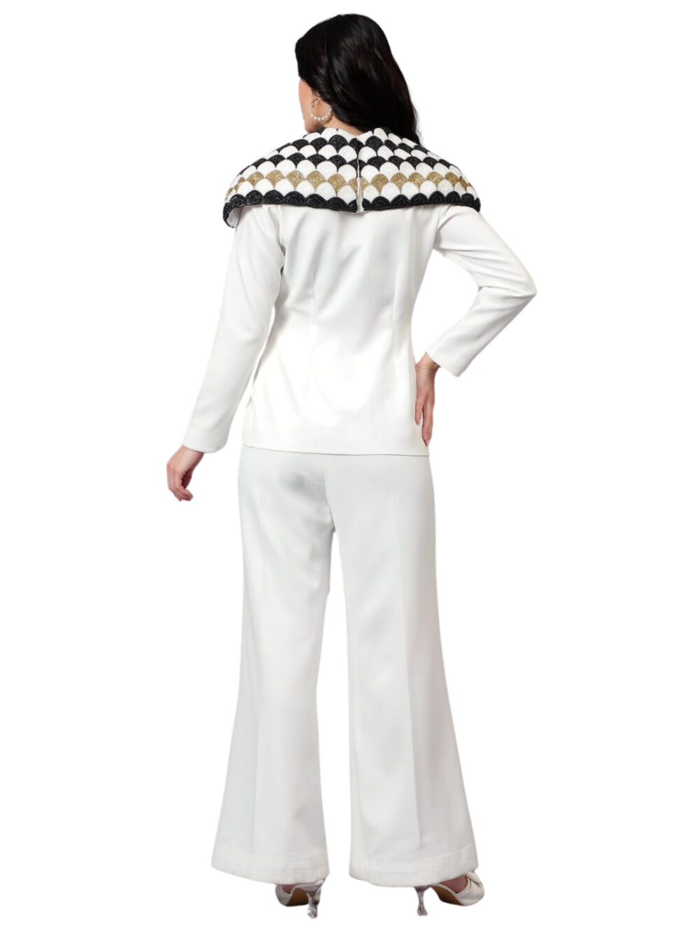 White co-ord Set with Hand Embroidered Heavy Work Shoulder Cape - Image 4