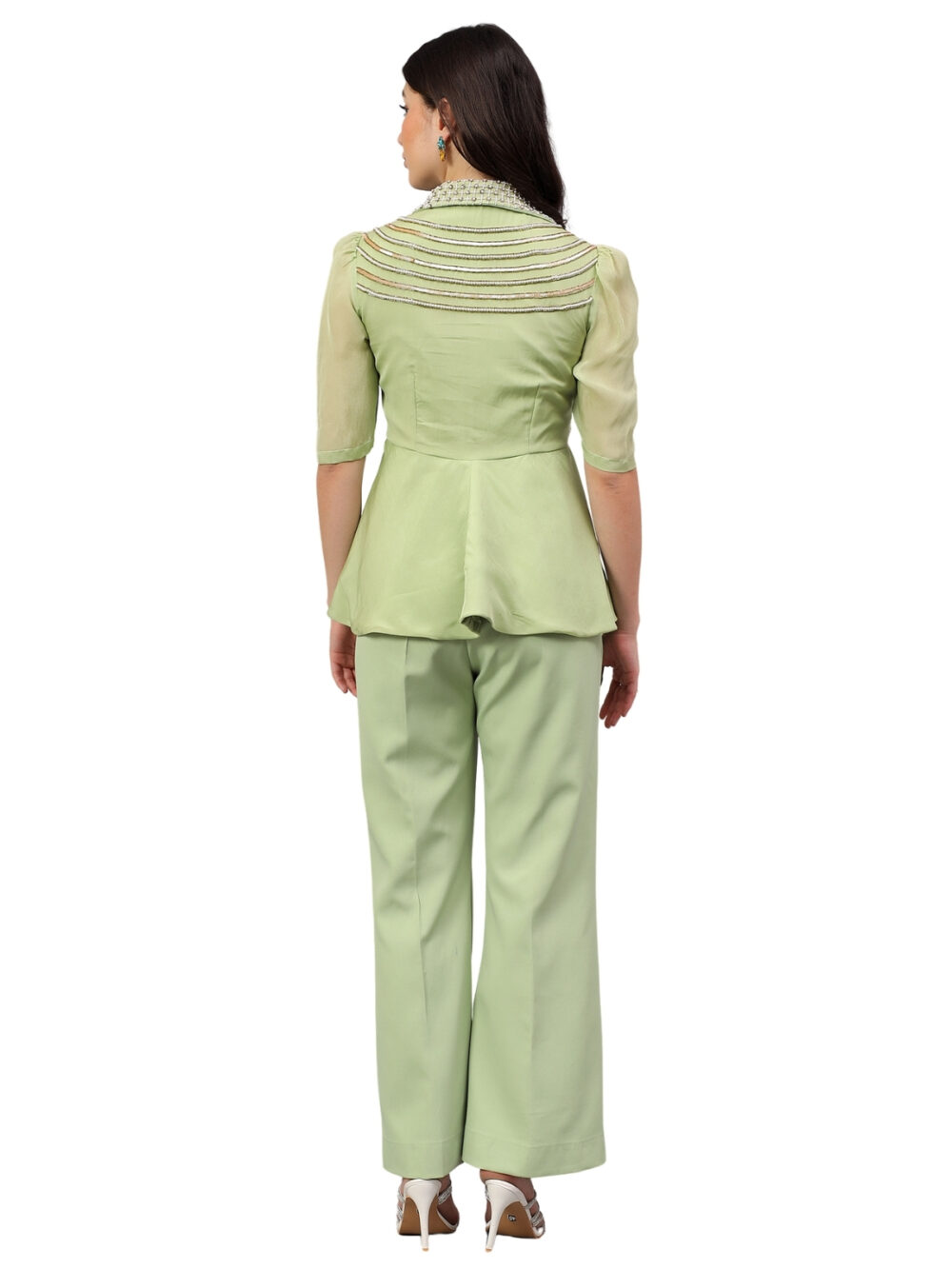 Mint Green Organza Top with Detailing and Flared Pants - Image 5