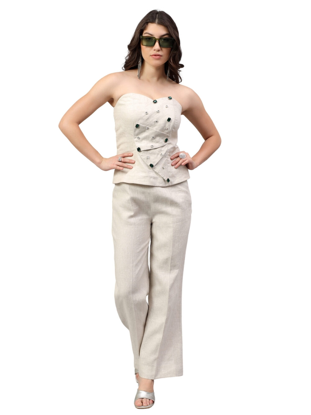 Pure Linen Set with Emerald & Rhinestone Detailings