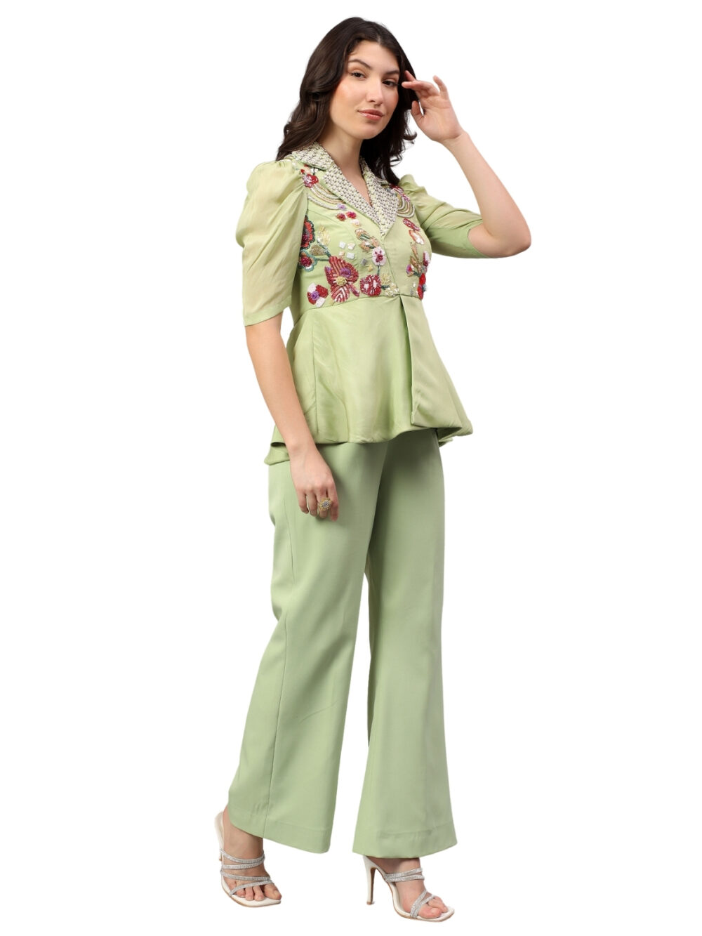 Mint Green Organza Top with Detailing and Flared Pants - Image 4