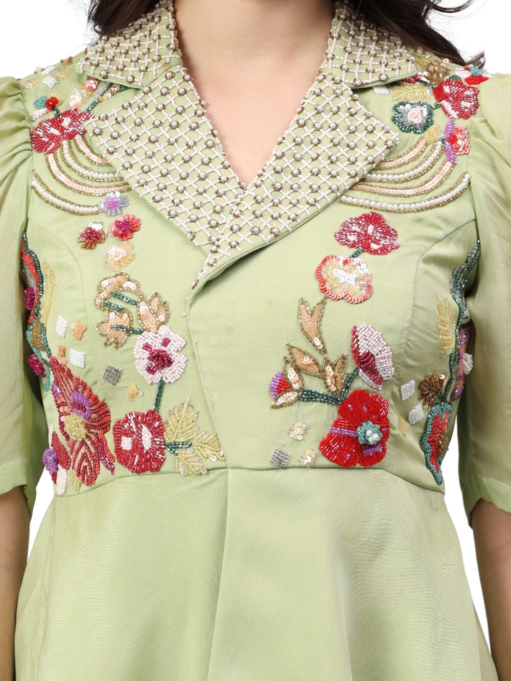 Mint Green Organza Top with Detailing and Flared Pants - Image 2